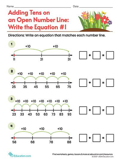 Tiens optellen op een open getallenlijn: schrijf de vergelijking #1