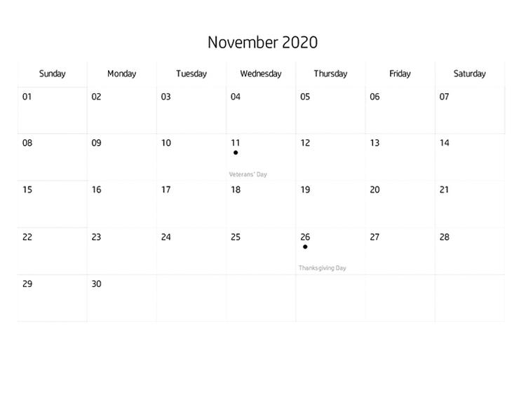 Blank Calendar November, 2020