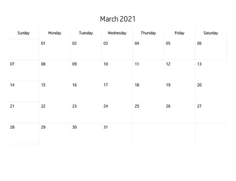 Blank Calendar March, 2021