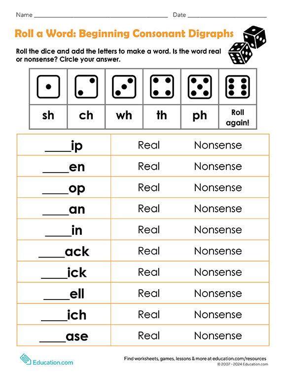 Roll a Word: Beginning Consonant Digraphs