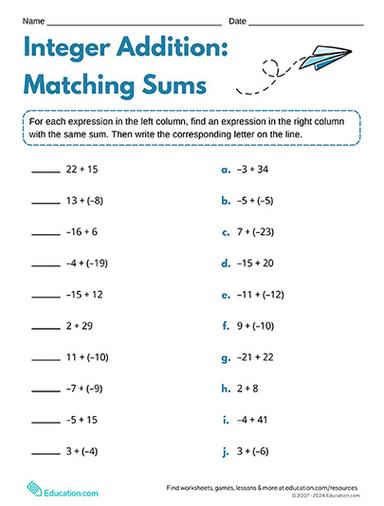 education.com:24 fall Integer Addition: Matching Sums