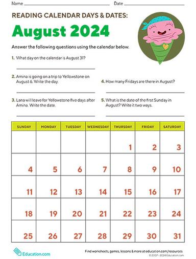 Education.com_24Summer_Reading Calendar Days and Dates: August 2024