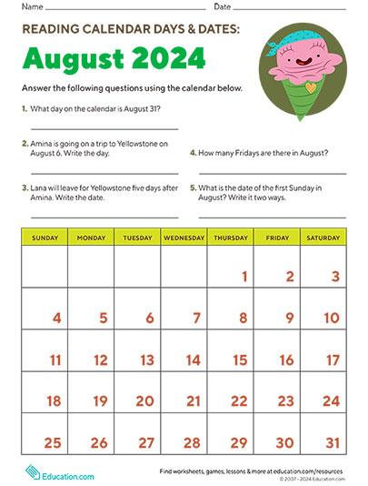 Reading Calendar Days and Dates: August 2024