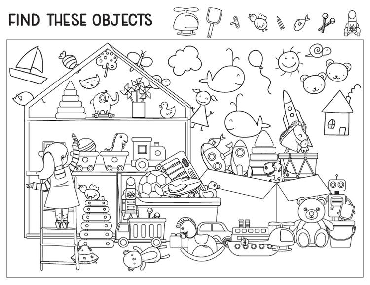 Page de coloriage du jeu d'objets cachés de la salle de jeux