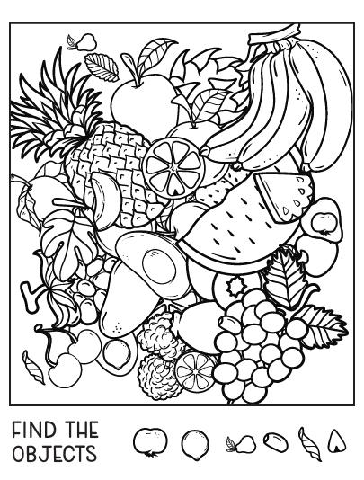 Page de coloriage du jeu d'objets cachés Fruits