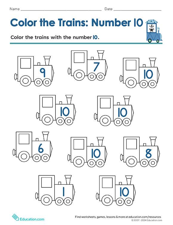 Color the Trains: Numbers to 10