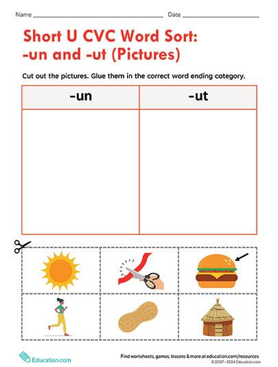 Korte U CVC-woordsortering: -un en -ut (afbeeldingen)