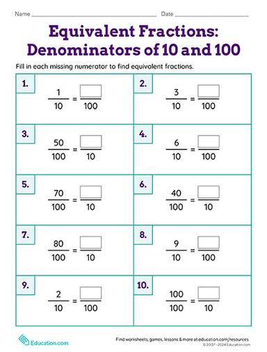 Education.com_24Summer_Equivalent Fractions: Denominators of 10 and 100