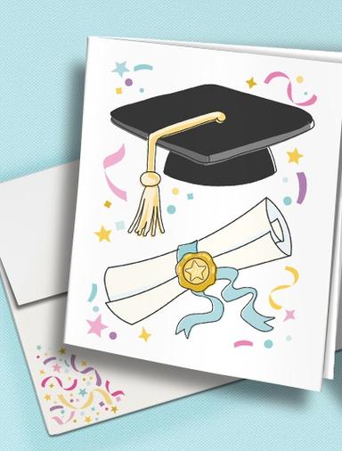 HP Graduation Card with Envelope Mortar Board Cap & Diploma