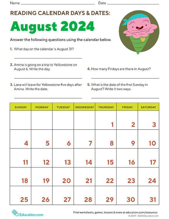 Reading Calendar Days and Dates: August 2024