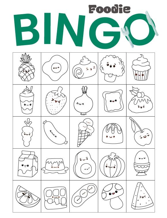 Jeu de feuilles de bingo foodie à colorier
