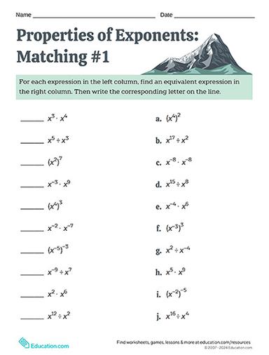 education.com:24 fall Properties of Exponents: Matching #1