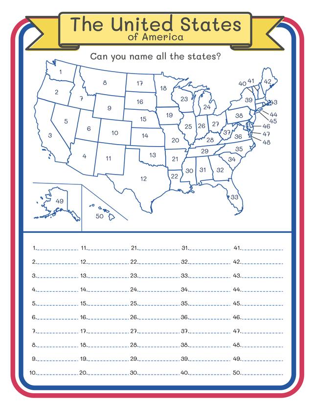 Carte des États-Unis. Nommez tous les États.