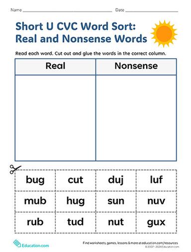 Education.com_24Summer_Short U CVC Word Sort: Real and Nonsense Words