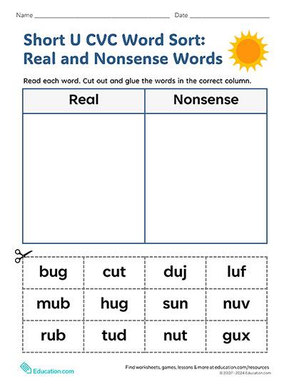 Short U CVC Word Sort: Real and Nonsense Words