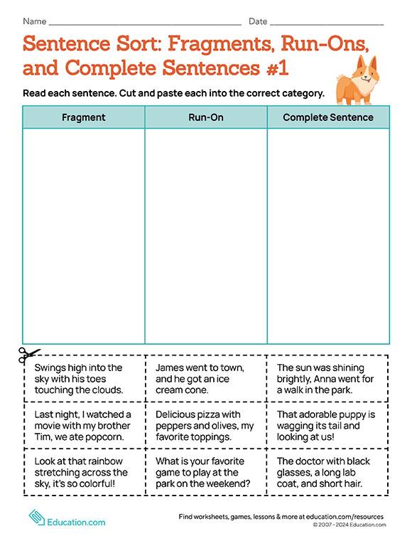 Sentence Sort: Fragments, Run-Ons, and Complete Sentences #1