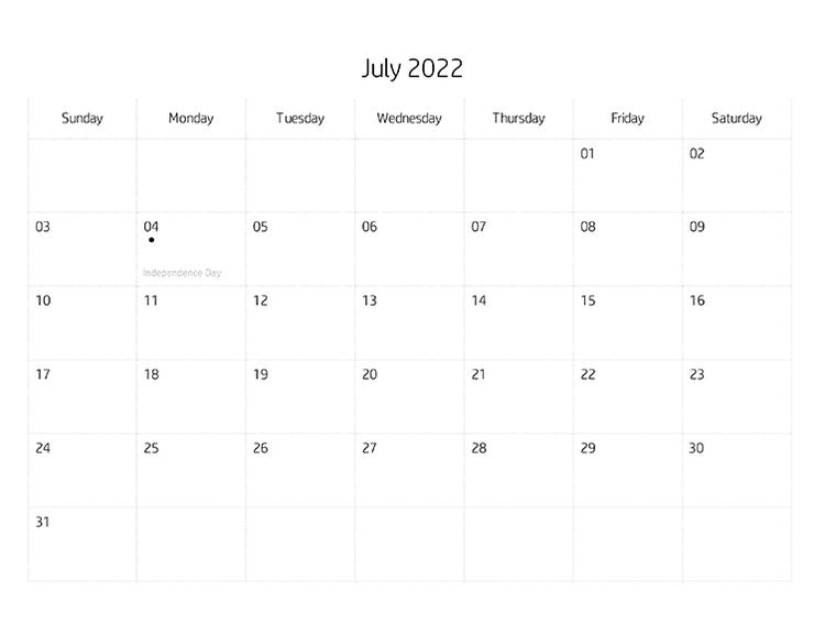 Blank Calendar July, 2022