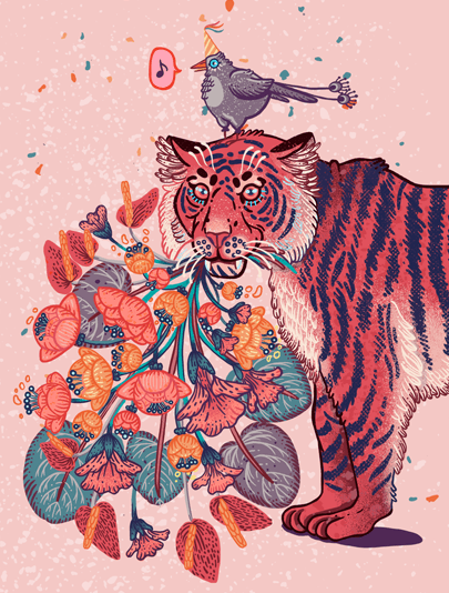 Carte Tigre avec bouquet