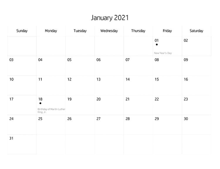 Blank Calendar January, 2021