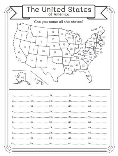 Coloriage de la rentrée scolaire - Carte des États-Unis