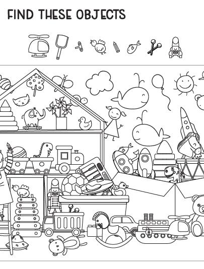 Page de coloriage du jeu d'objets cachés de la salle de jeux