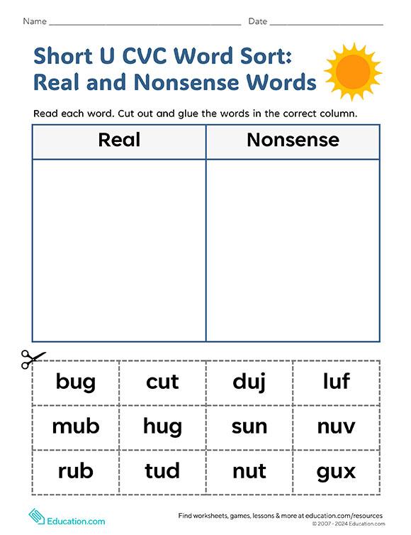 Short U CVC Word Sort: Real and Nonsense Words