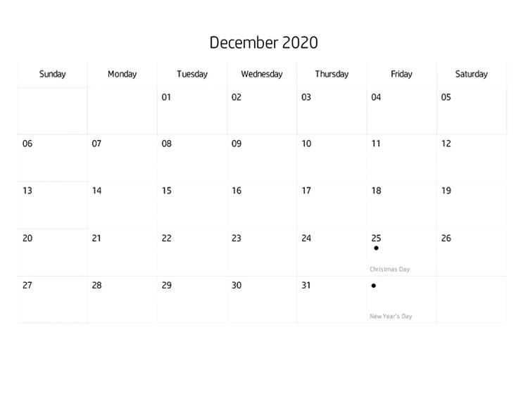 Blank Calendar December, 2020