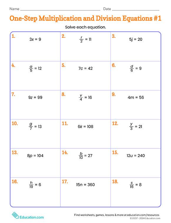 One-Step Multiplication and Division Equations #1