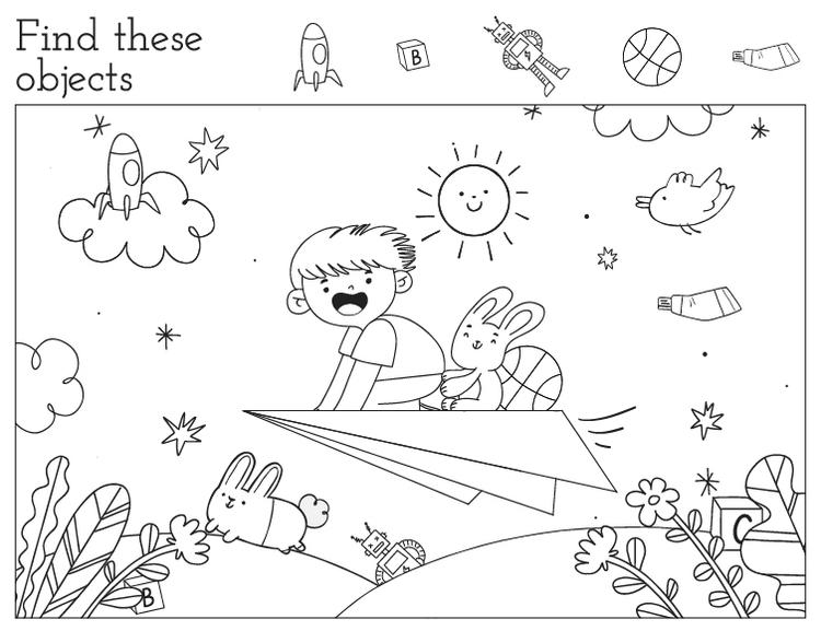 Page de coloriage en papier du jeu d'objets cachés d'avion
