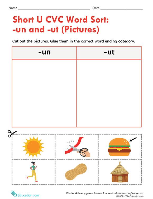 Short U CVC Word Sort: -un and -ut (Pictures)