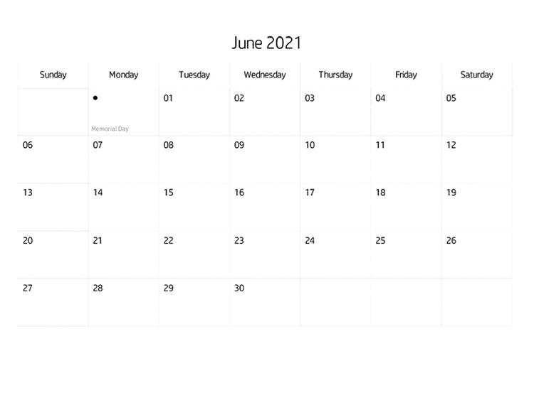 Blank Calendar June, 2021