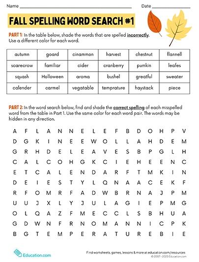 Fall Spelling Word Search #1