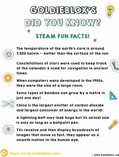 STEAM Fun Facts Learning Worksheets Goldieblox
