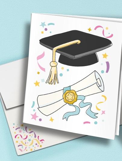 HP Graduation Card with Envelope - Mortar Board Cap with Diploma