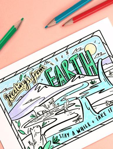 Página para colorear del Día de la Tierra, tarjeta postal del Día de la Tierra de Laura K Sayers