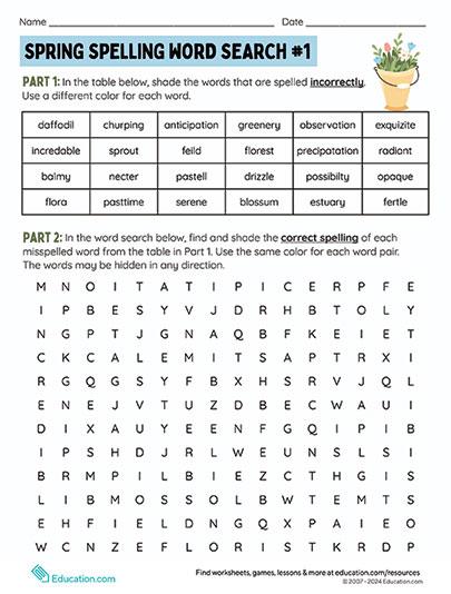 Spring Spelling Word Search